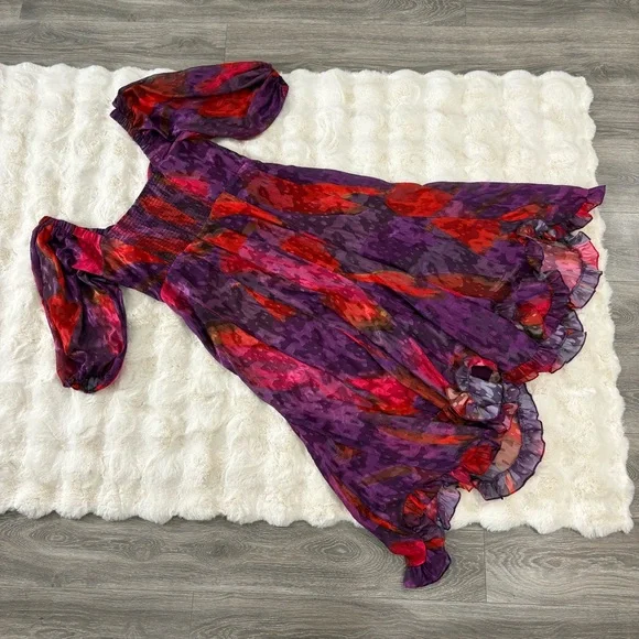 |anthro| Hutch twist front puff sleeve ruffle hem dress in purple sorbet - 1X - Picture 4 of 7